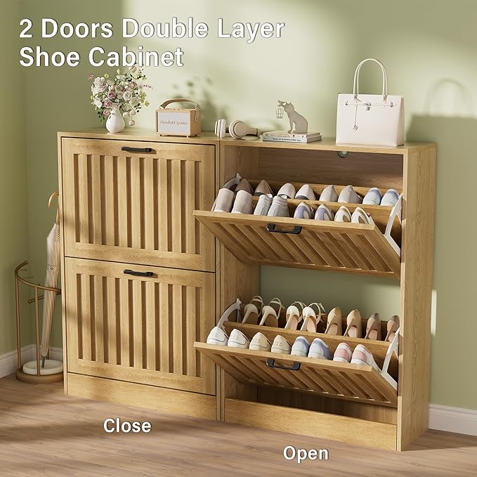 Shoe Storage Cabinet for Entryway with 2 Flip Drawers, Wooden Shoe Organizer with Adjustable Shelf, Freestanding Wood Fluted Panel Shoes Cabinet Closed Shoe Rack for Hallway, Foyer, Nature Oak-NeatNest