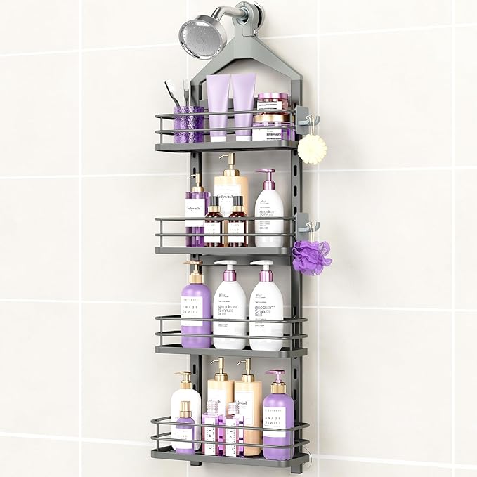 ODesign 4 Tier Height-Adjustable Shower Caddy Hanging Anti-Swing-Over The Shower Head Caddy-Showers Storage Organizer Bathroom Shelves Basket Showers Caddies-Grey