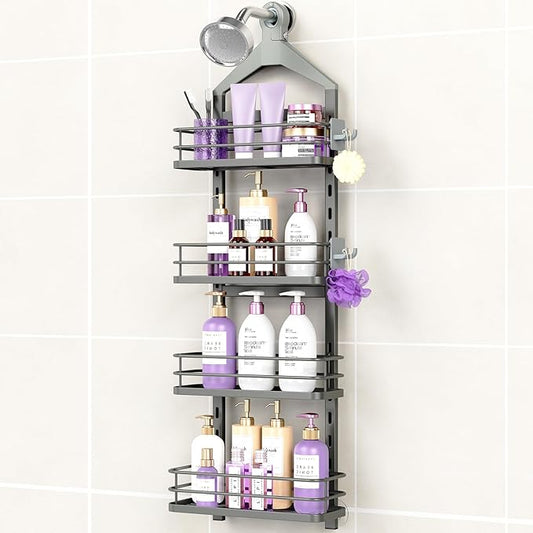 ODesign 4 Tier Height-Adjustable Shower Caddy Hanging Anti-Swing-Over The Shower Head Caddy-Showers Storage Organizer Bathroom Shelves Basket Showers Caddies-Grey