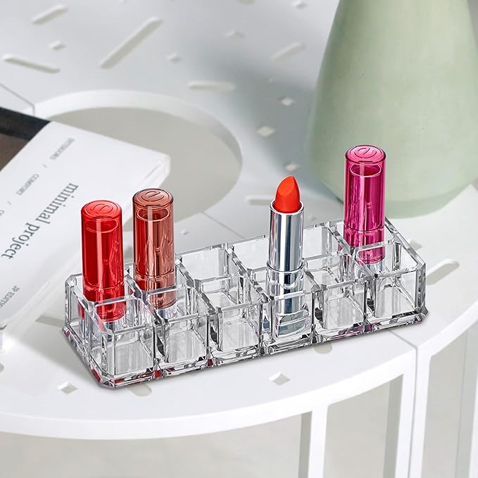 Amazing Abby - Charm - 2-Pack 12-Slot Acrylic Lipstick Organizer, Lipstick Holder, Lip Gloss Holder, Cosmetic Storage Display, Perfect Storage Solution for Drawer and Vanity (Slot Size: 0.9" x 0.9")-NeatNest