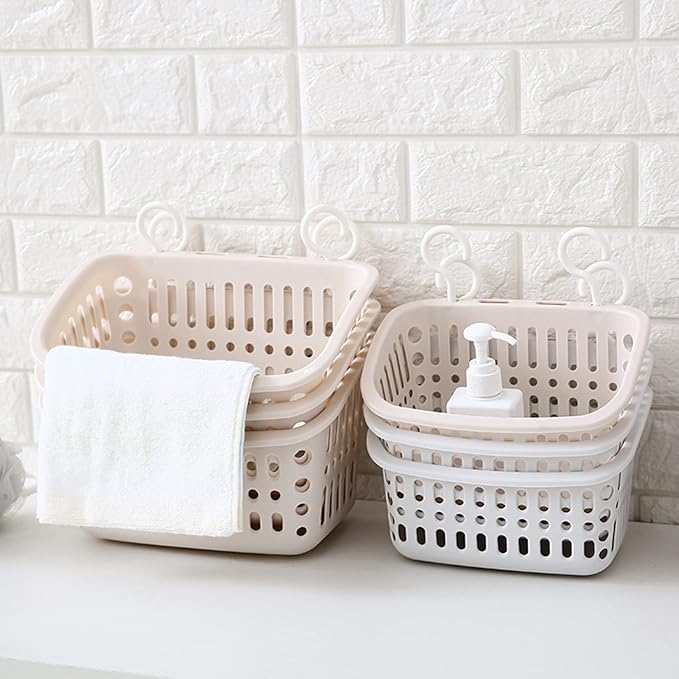 3PCS Plastic Hanging Baskets for Shower, Organizer With Hooks, Rectangle 10.6Inches Small Storage Basket (Beige)-NeatNest
