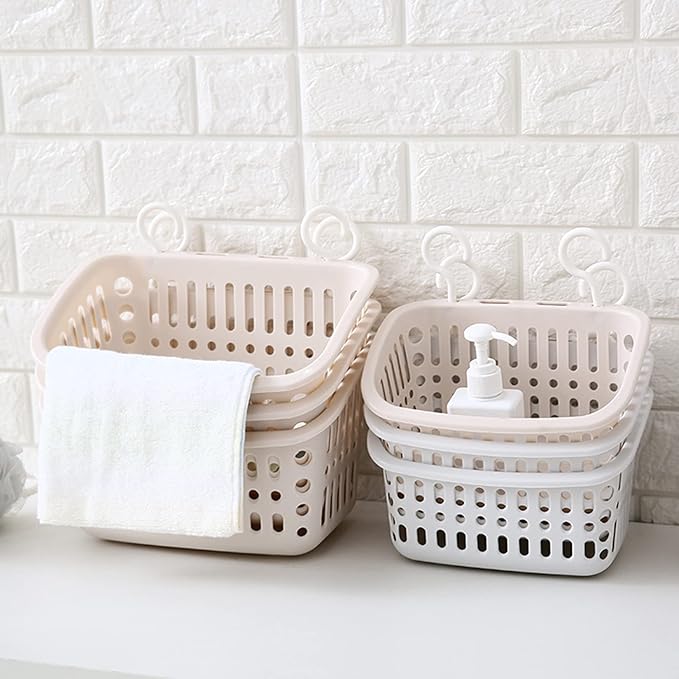 5PCS Plastic Hanging Baskets for Shower, Hanging Basket Organizer with Hooks, Rectangle 10.6Inches Small Hanging Storage Basket (Beige)