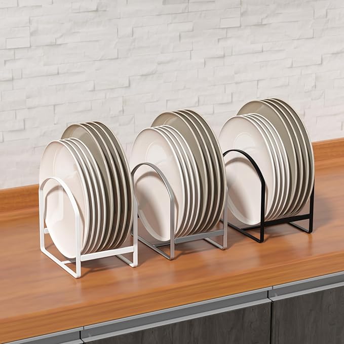 4 Pack Kitchen Plate Holder Organizer for Cabinet Space Saver Dinner Dish Storage Rack Upright Dish Drying Racks Metal Plate Dish Racks Stand for Cupboard and Countertop 2 Large 2 Small White