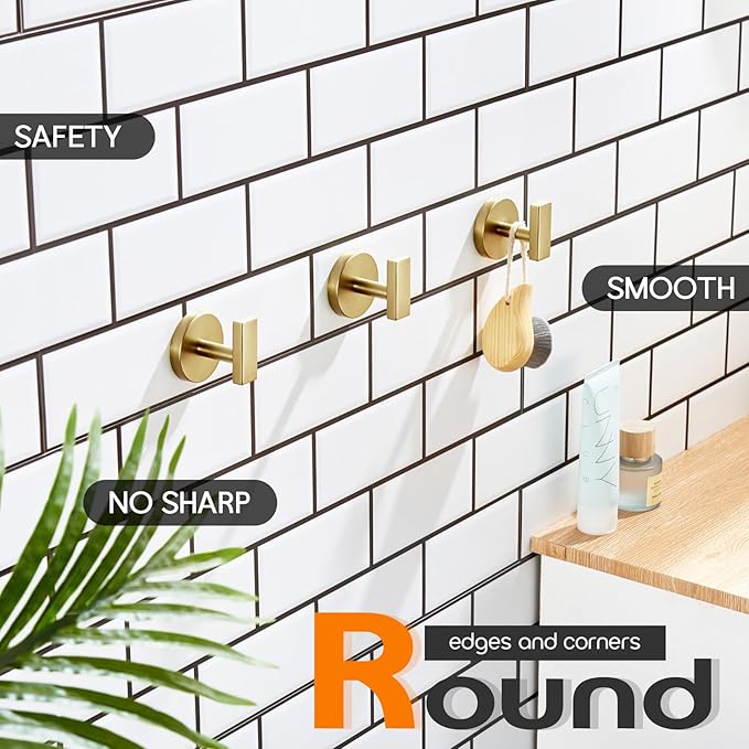 Robe Hook Bath Towel Hooks Stainless Steel Wall Hooks for Bathroom Kitchen Closet Garage Door Hanger Brushed Gold 3 Pack, AN1001GD-P3