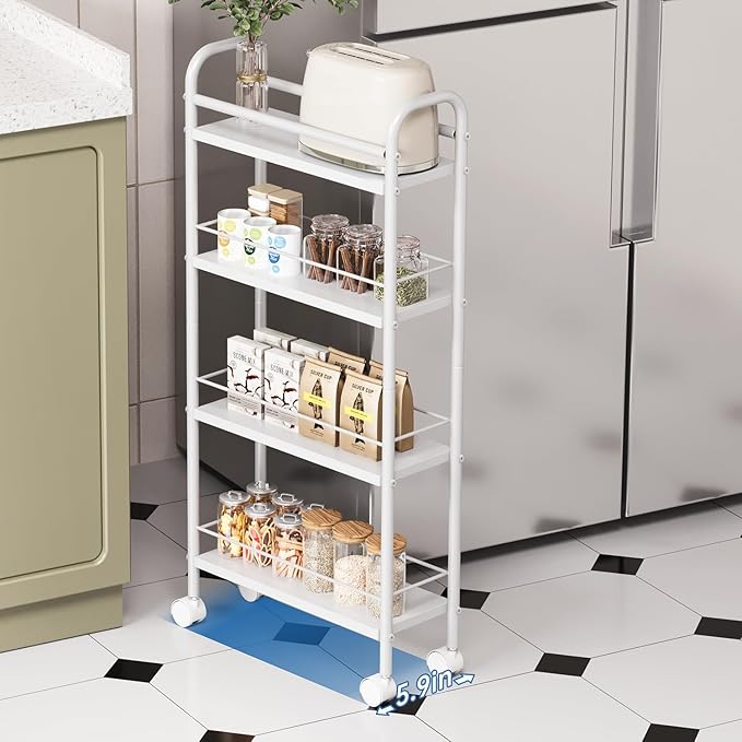 Slim Storage Cart, 4 Tier Rolling Utility Cart on Wheels, Narrow Shelving Unit Cart for Small Spaces in Kitchen, Dining Room, Bathroom, Laundry Room, White