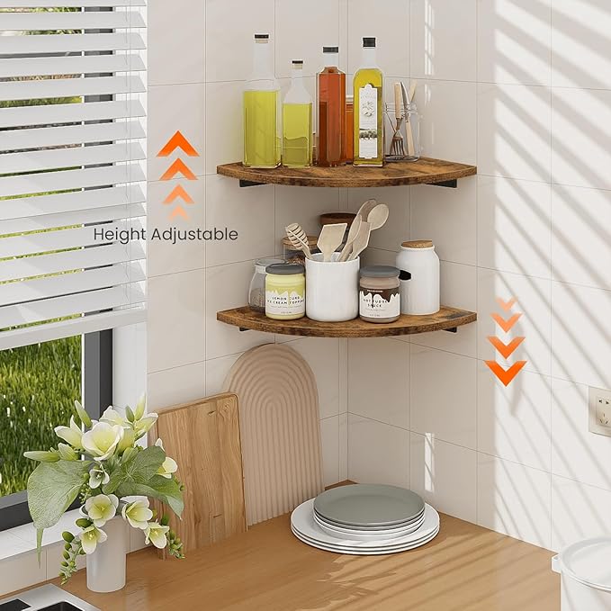 Homode Corner Shelf Wall Mount, 12 Inch Wood Floating Corner Shelves with Cord Hole, Set of 2 Large Corner Hanging Shelves for Bathroom Bedroom Kitchen, Rustic Brown