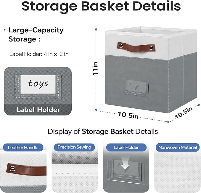 6-Pack Collapsible Fabric Storage Cubes with Handles & Label Holders, Closet Cube Home Organizer Bins (White/Dark Grey, 10.5*10.5*11 inch)