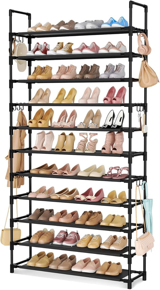 11 Tiers Tall Shoe Rack Holds 55 Pairs of Shoes with 18pcs Hooks Sturdy Wide Shoe Organizer Storage Free Standing Metal Shoe Shelf for Closet, Entryway Black-NeatNest