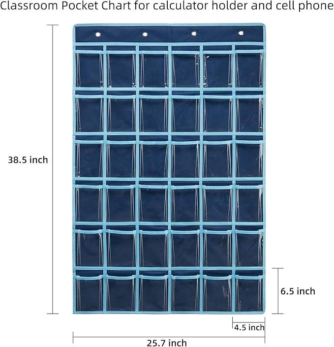 36 Clear Pockets Classroom Pocket Chart for Cell Phone and Calculator Holder, Door Hanging Pocket Chart for Classroom Phone Holder with Number Sticker and Hooks (Blue)-NeatNest