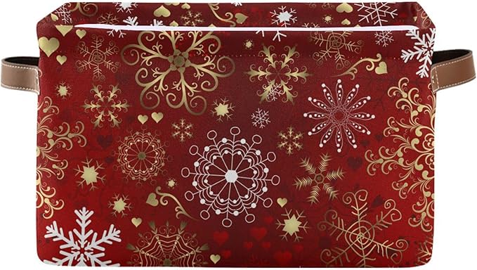 Christmas Red Seamless Pattern with Gold and White Snowflakes Storage Basket,Large Storage Bin Fabric Collapsible Organizer Bag with Handles 15x11x9.5 inch-NeatNest