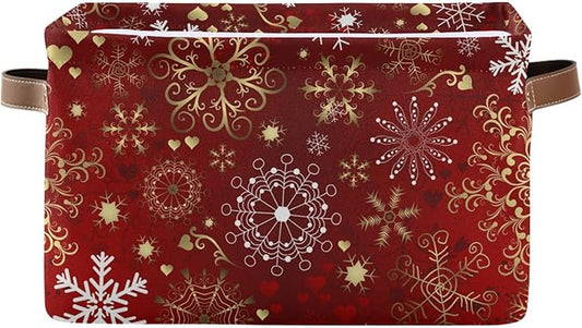 Christmas Red Seamless Pattern with Gold and White Snowflakes Storage Basket,Large Storage Bin Fabric Collapsible Organizer Bag with Handles 15x11x9.5 inch-NeatNest