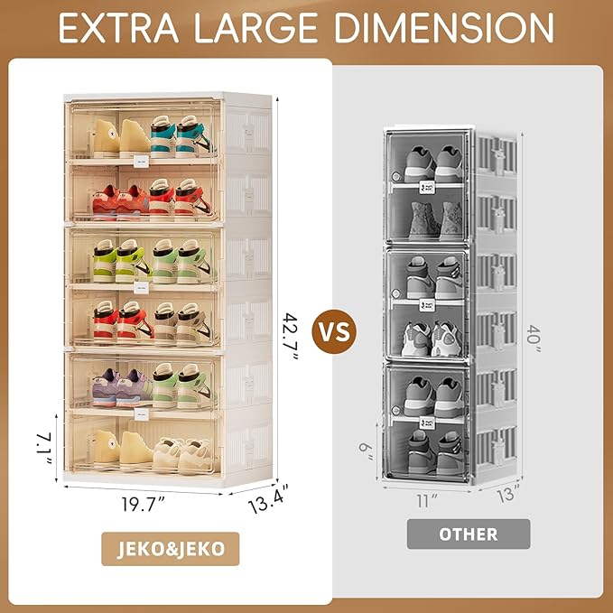 JEKO&JEKO 6 Tiers Foldable Shoe Rack Organizer Cabinet for Closet Entryway, Large Collapsible Shoe Storage Box with Magnetic Doors (White)-NeatNest