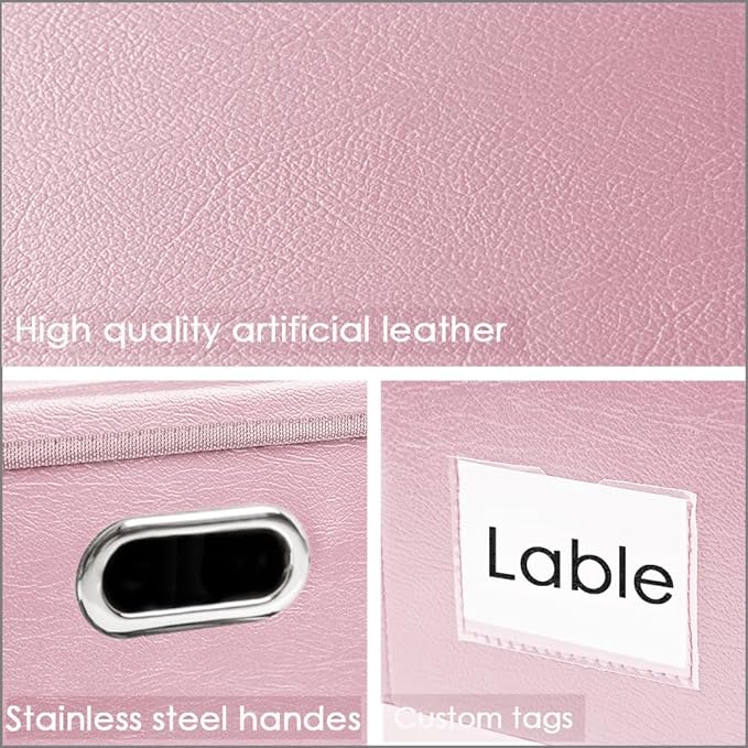 PRANDOM Foldable Storage Bins with Lids [5-Pack] Leather Fabric Collapsible Storage Boxes Organizer Containers Baskets Cube with Cover for Bedroom Closet Office Nursery Pink (14.9x10.8x10)-NeatNest
