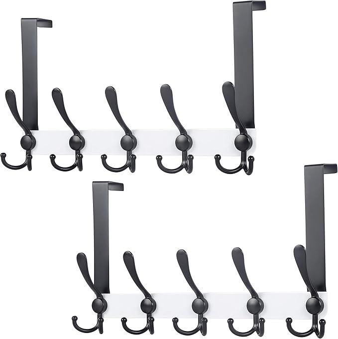 Dseap Over The Door Hook Hanger - 5 Tri Hooks, Heavy Duty Over The Door Towel Rack Coat Rack for Clothes Hat Towel, White & Black, 2 Packs