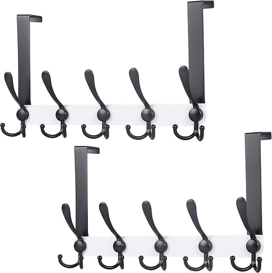 Dseap Over The Door Hook Hanger - 5 Tri Hooks, Heavy Duty Over The Door Towel Rack Coat Rack for Clothes Hat Towel, White & Black, 2 Packs