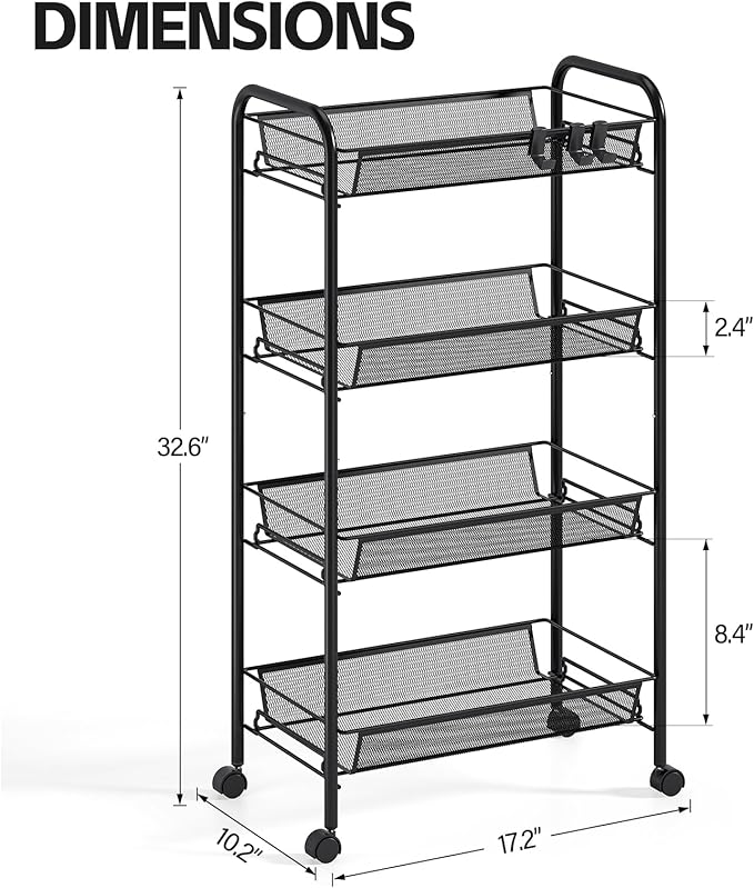 4-Tier Metal Utility Cart, Mesh Wire Rolling Cart on Wheels, Storage Trolley with Easy Assembly, Organizer Craft Cart 3 Hooks, Mobile Shelving Unit for Bathroom, Laundry Room, Home