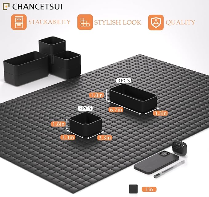 6 Pcs Stackable Drawer Organizer Set Desk Drawer Dividers, Bathroom Vanity Cosmetic Makeup Trays , Multipurpose Plastic Storage Bins for Jewelries, Kitchen Gadgets and Office Accessories, Black-NeatNest