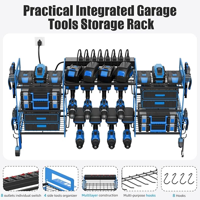 CCCEI Blue Power Tool Organizer Wall Mount, Large Tools and Battery Storage Rack Charging Station Individual Switches. Drills Holder, Garage Utility Shelves with 6FT Power Strip. Gift for Men.-NeatNest