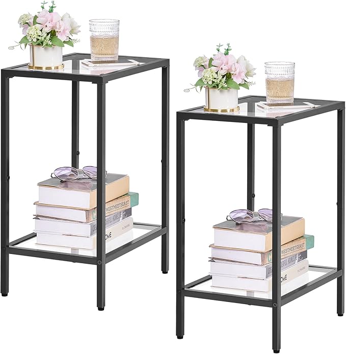 Side Tables Set of 2, End Tables with Tempered Glass, 2-Tier Nightstands with Storage Shelves, Coffee Table with Modern Style, Slim Sofa Table for Living Room, Bedroom, 11.8" D x 15" W, Black