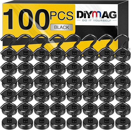 DIYMAG Magnetic Hooks, 30Lbs Strong Heavy Duty Cruise Magnet S-Hooks for Classroom, Fridge, Hanging, Cabins, Grill, Kitchen, Garage, Workplace and Office etc, (100 Pack-Black)-NeatNest