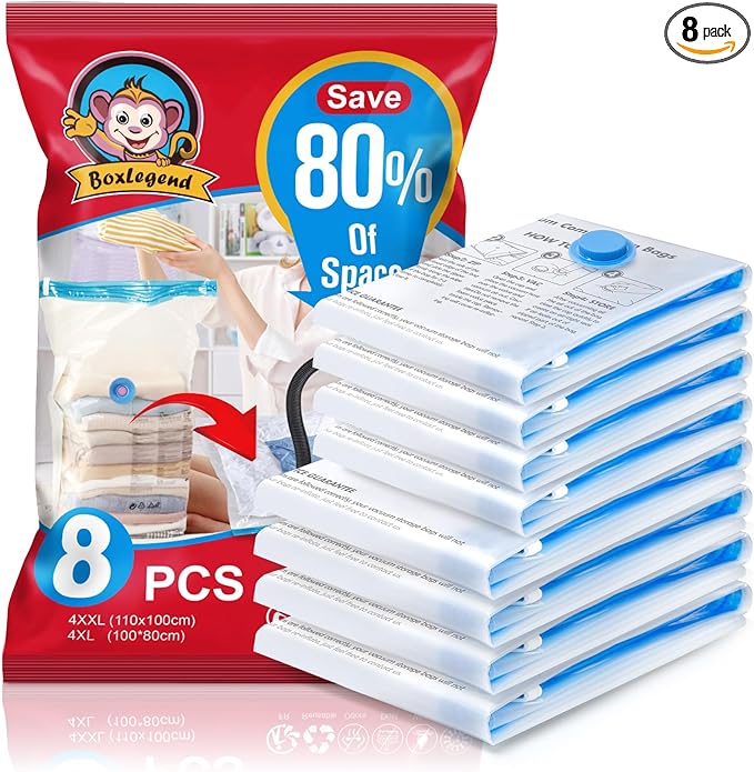 BoxLegend Set of 8 Vacuum Storage Bags, Vacuum Bags for Clothing, Vacuum Cleaner, Travel Camping Compression Bag, Reusable for Mattresses, Tents, Clothes, Duvets, Bedding, Pillows-NeatNest