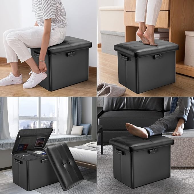 DocSafe Storage Ottoman with Lock,Fireproof Folding Ottoman Foot Rest Stool Storage Chest with Storage Safe for Important Documents,Waterproof 17 Inches Short Ottoman Foot Stool with Handles,Black-NeatNest