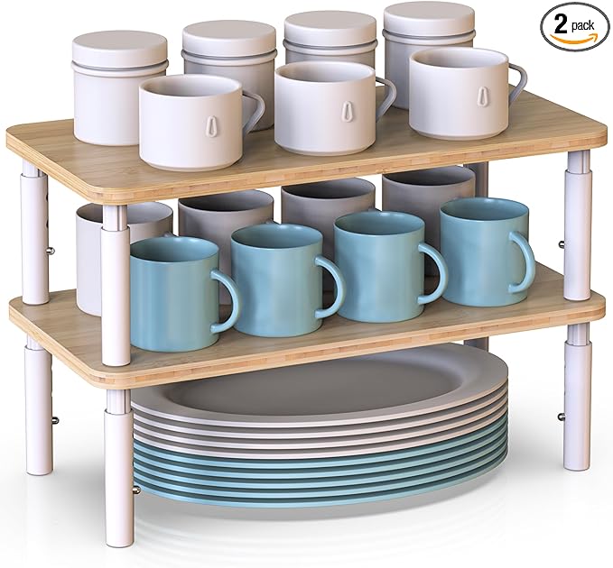 Cabinet Organizer Shelf, Spice Rack Set of 2 Kitchen Pantry Cupboard Shelves, Stackable, Height Adjustable, Natural Bamboo (15.6" Wx77.Dx6.57 H per Pack)-NeatNest