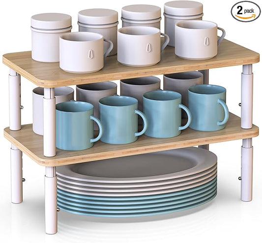 Cabinet Organizer Shelf, Spice Rack Set of 2 Kitchen Pantry Cupboard Shelves, Stackable, Height Adjustable, Natural Bamboo (15.6" Wx77.Dx6.57 H per Pack)-NeatNest