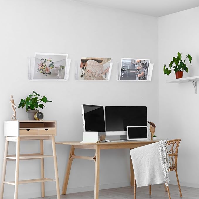 COSYAWN 3 Pack Clear Single Pocket Wall Mounted File Organizer, Plastic Hanging Wall File Holder, Clear Wall Mail Magazines Folder Organizer for School Home and Office-NeatNest