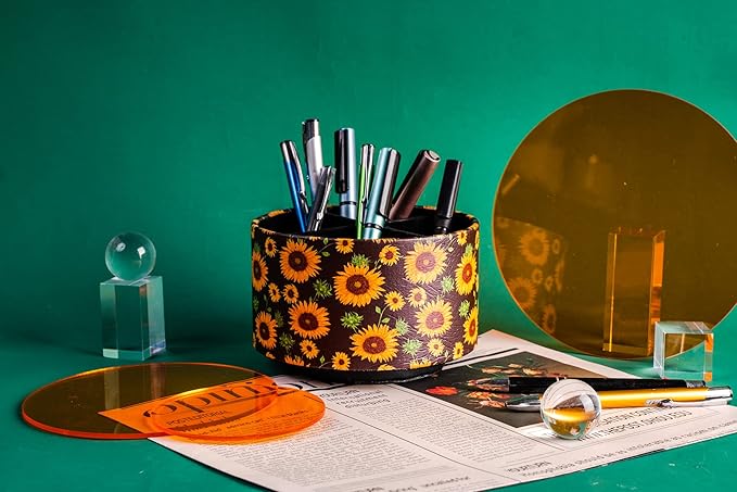 Hennaja Round Leather Art Supply Organizer,Remote Control Holder,360 Degree Rotating,Multi-Functional Pencil Holder,4 Compartments Desktop Stationary Organizer(1-Sunflower)-NeatNest