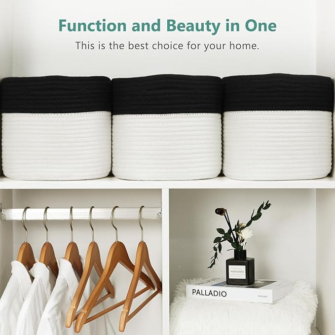 Cotton Rope Storage Basket, 15x10x9 Inches, Woven Basket for Shelves, Clothes, Toys, Towels, Books, and Laundry, Durable and Stylish, Black/ White (2 Pack)-NeatNest