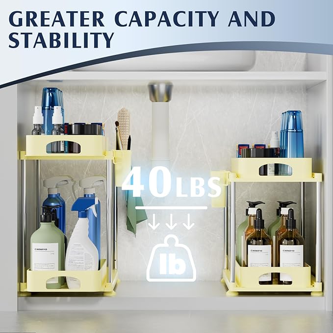 2 Pack Under Sink Organizers and Storage, Height Adjustable Bathroom Cabinet Organizer, 2 Tier Under Sink Organizer with Hooks, Under Cabinet Organizer for Kitchen Bathroom (Yellow-NeatNest