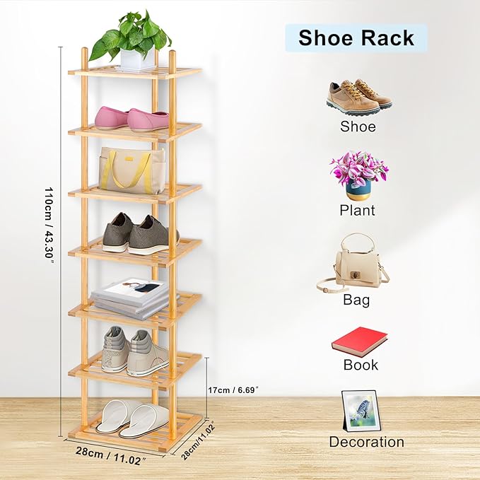 7-Tier Shoe Rack for Closet, Shoes Organizer Free Standing Shelf Entryway and Closet Hallway, Small Space Stackable Bamboo Multifunctional Racks Shoe Storage-NeatNest