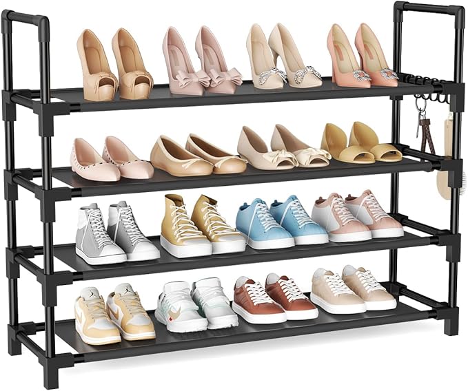 4 Tier Shoe Rack, Shoe Organizer Storage for 16-20 Pair Boot and Sneaker, Stackable Free Standing Shoe Shelf with Hooks and Side Pocket, Space Saving Shoes Rack for Closet, Entryway-NeatNest
