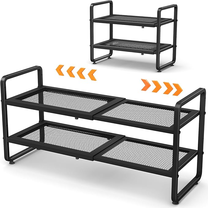 Shoe Rack - Expandable Shoe Organizer for Closet, Adjustable Metal Shoe Shelf Storage, 2 Tier Stackable Long Shoe Stand Holder for Garage, Entryway, Door Entrance, Black-NeatNest