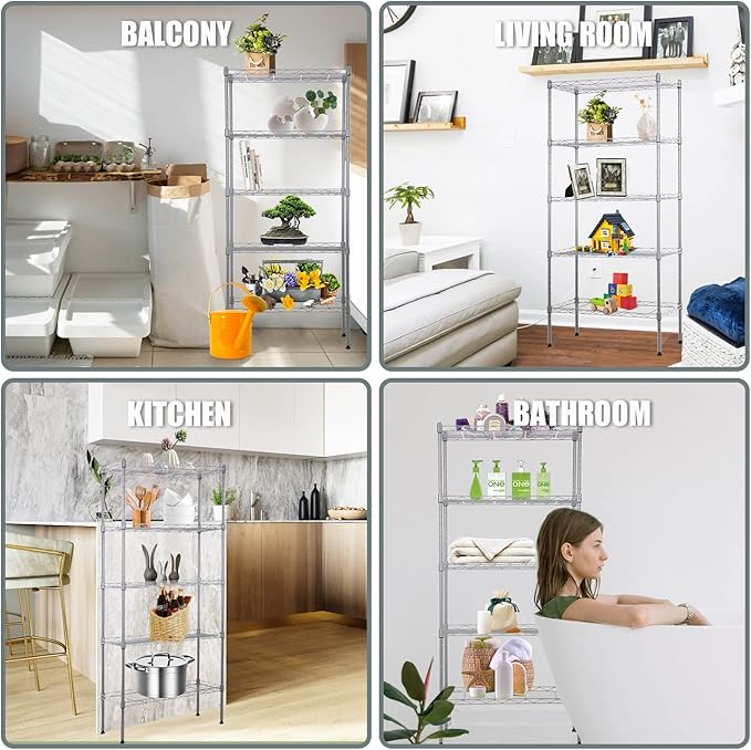 5-Tier Wire Shelving Unit Storage Shelves Metal Shelves 48"x21"x12" Heavy Duty Metal Storage Rack Wire Rack NSF Height Adjustable for Home Kitchen Bathroom Garage Shelving(Chrome)