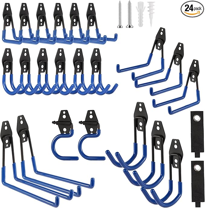 Garage Hook Heavy Duty Wall Storage Hangers, 24 Pack Garage Storage Hooks Steel Tool Blue for Ladders, Ropes, Garden Tools-NeatNest