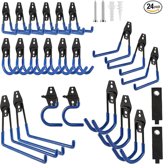 Garage Hook Heavy Duty Wall Storage Hangers, 24 Pack Garage Storage Hooks Steel Tool Blue for Ladders, Ropes, Garden Tools-NeatNest