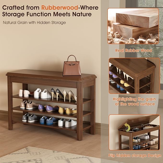 Shoe Rack Bench Seat Rubberwood 3-Tier Wooden Storage Bench 550lbs Compact Mid-Century Modern Design for Entryway, Hallway, Closet, Front Door Entrance, Foyer-NeatNest