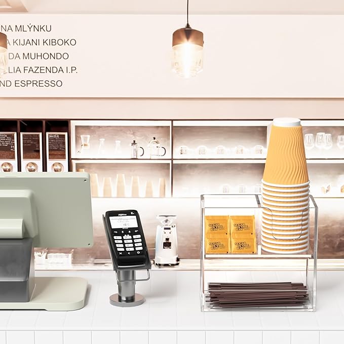 Coffee Condiment and Cup Organizer - 2-Tier Upright Cup and Lid Holder with Straw Organizer 3 Compartments Clear Acrylic Cup Dispenser for Restaurant Breakroom Coffee Station Countertop-NeatNest