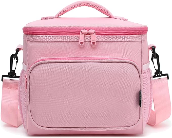 FlowFly Insulated Reusable Lunch Bag Adult Large Lunch Box for Women and Men with Adjustable Shoulder Strap,Front Zipper Pocket and Dual Large Mesh Side Pockets,Pink-NeatNest