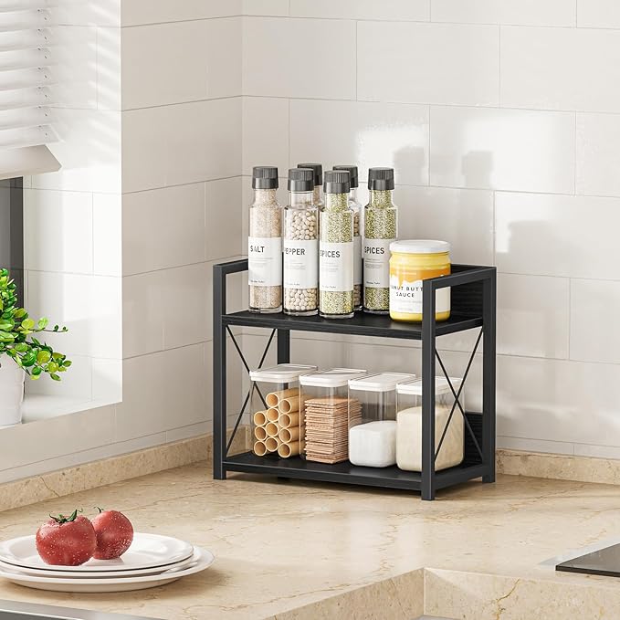 Giikin Kitchen Counter Shelf, 2 Tier Kitchen Spice Rack Organizer for Countertop, Wood Coffee Bar Organizer for Home (Black, S)-NeatNest