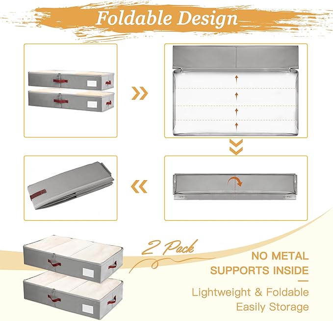 Criusia Under Bed Storage Bins with Clear PVC Lids – 2 Pack Large Underbed Organizers with Heavy-Duty Handles, Reinforced with 800G PP Panels & 80G Non-Woven Fabric – Waterproof & Foldable, Gery-NeatNest