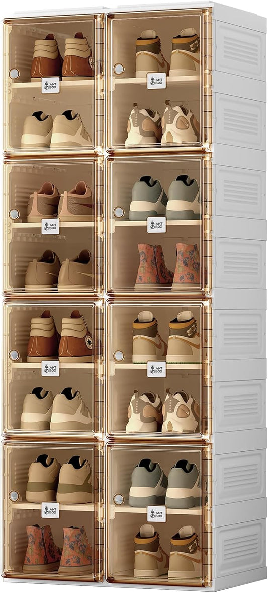 ANTBOX Shoe Organizer Storage Box, Portable Folding Shoe Rack For Closet With Magnetic Clear Door,Large Sneaker Cabinet Bins Sturdy Easy Assembly 8 Layers-16 Grids-NeatNest
