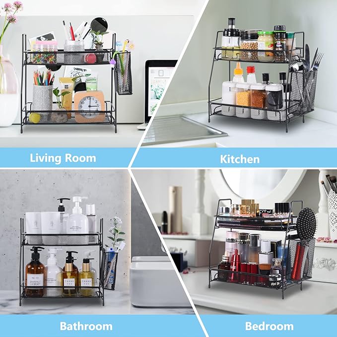 LEMIKKLE Countertop Organizer for Bathroom Counter, The Organizer for Bedroom, Spice Rack Organizer for Kitchen Counter Shelf with Small Basket(Black)-NeatNest