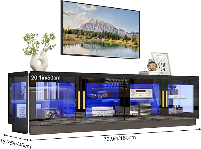 71IN LED TV Stand for 85/80/75inch TV,High Glossy Modern Black TV Stands for Living Room,Gaming Entertainment Center with Storage Cabinet,RGB LED(Black)-NeatNest