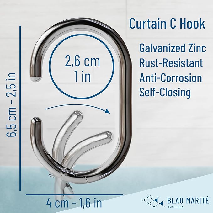 12 Metal Shower Curtain Hooks, Rust-Proof Decorative C-Shaped Curtain Hooks for Bathroom, Chrome Shower Curtain Rings, Fits Rods Up to 1 Inch (C, Silver)-NeatNest