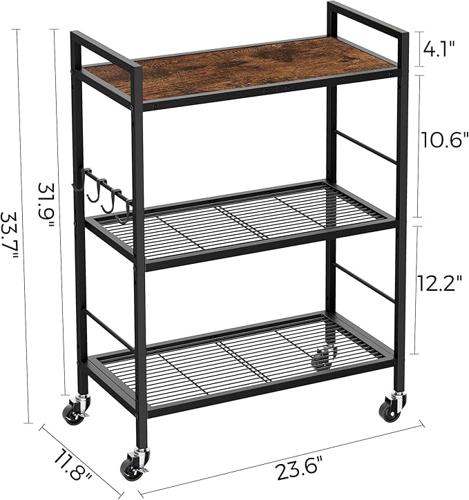 3-Tier Metal Storage Rack with Industrial Wheels,Mesh Shelving Unit with Wooden Table top,Adjustable Shelf,23.6-Inch Width,for Kitchen,Laundry,Pantry,Plant,Black