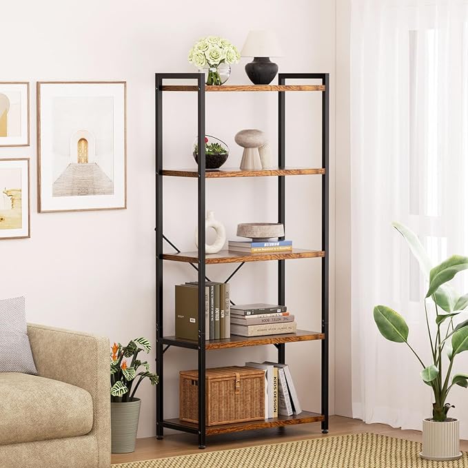 Casaottima Book Shelf, 5 Tier Bookshelf, Modern Wood Bookcase Shelves for Bedroom, Industrial Display Shelf for Living Room Home Office Kitchen, Standing Shelving Unit Storage Organizer, Vintage-NeatNest