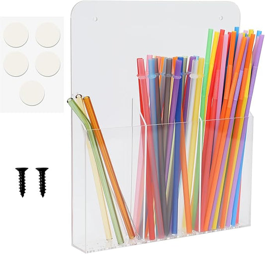 Acrylic Straw Holder for Cabinet Large Capacity Thickened 11.81"x9.84" Adhesive Cabinet Door Organizer Drinking Straws Storage Organizer for Cupboard Reusable for Kitchen